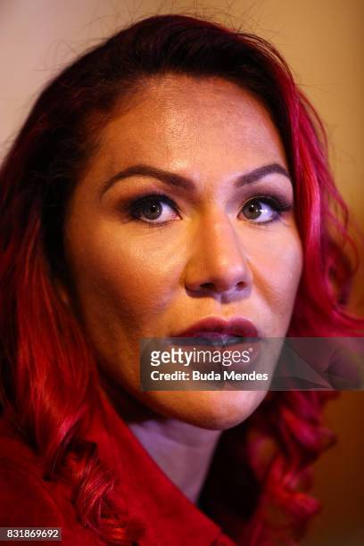 Featherweight Champion Cris Cyborg attends a press conference at the Hilton Hotel in Copacabana on August 15, 2017 in Rio de Janeiro, Brazil.