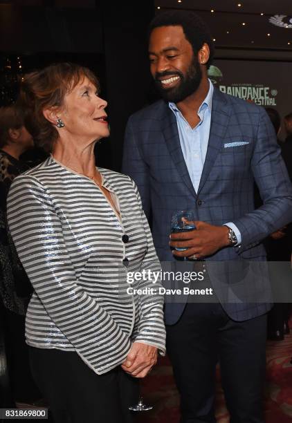 Celia Imrie and Nicholas Pinnock attend the Raindance Film Festival anniversary drinks reception at The Mayfair Hotel on August 15, 2017 in London,...