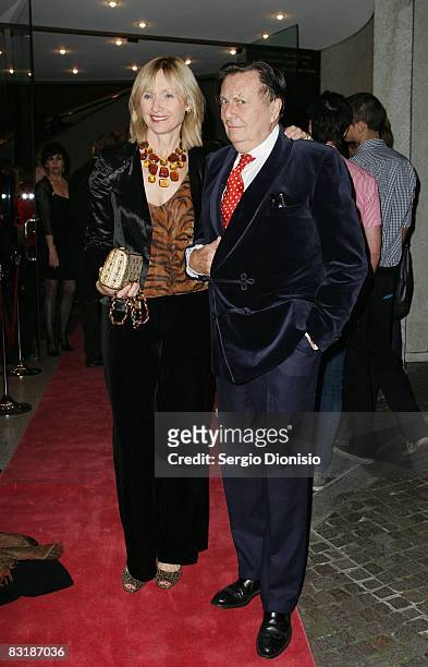 Actor Barry Humphries and Lizzie Spender arrives for the opening night of the music production of 'My Fair Lady' at the Theatre Royal on October 9,...