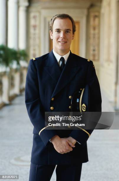 Prince Albert II of Monaco poses in his naval uniform of the Principality of Monaco at the Royal Palace in Monaco December 1983 in Monte Carlo,...