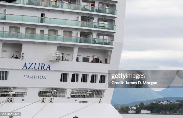 Passengers and crew on board P&O Cruises ship, Azura, as she prepares to depart port on her seven day cruise from Southampton on August 15, 2017 in...