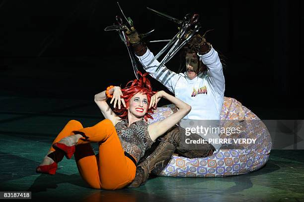 British actor Dominic North as Edward Scissorhands dances with US Nina Goldman on October 9, 2008 during a music hall 'Edward Scissorhands', an...