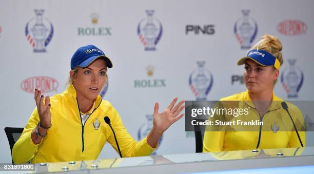 Melissa Reid and Charley Hull of Team Europe talk to the media during a press conference for The Solheim Cup at the Des Moines Country Club on August...