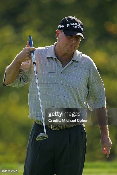 Scott Hoch reacts to a missed putt dduring the first round of the Constellation Energy Senior Players Championship at Baltimore Country Club East...