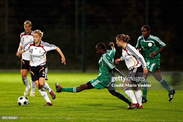 Lynn Mester of Germany fights for the ball during the U17 women international friendly match between Germany and Nigeria on October 9, 2008 in...