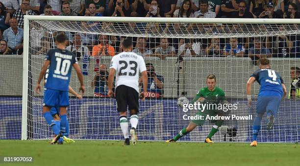 Liverpool Simon Mignolet Saves The Day for Liverpool during the UEFA Champions League Qualifying Play-Offs Round First Leg match between 1899...