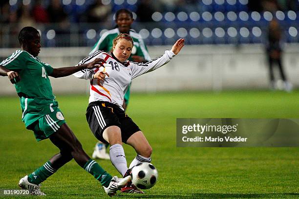 Claudia Goette of Germany fights for the ball during the U17 women international friendly match between Germany and Nigeria on October 9, 2008 in...