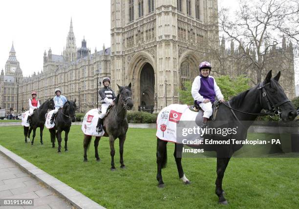 Jockeys Francesca Cumani, Tom O'Brien, Willie Ryan and Willie Carson outside Parliament, central London. PRESS ASSOCIATION Photo. Picture date:...