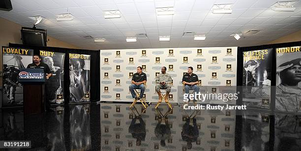 Spokesman Mike Arning leads a press conference with Ryan Newman, driver of the U.S. Army Chevrolet for the 2009 season, Major General Montague...