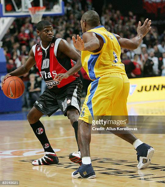 Hollis Price of Rytas and Derrick Sharp of Maccabi in action during the Euroleague Basketball Game 2 between Lietuvos Rytas v Maccabi Elite Tel Aviv...