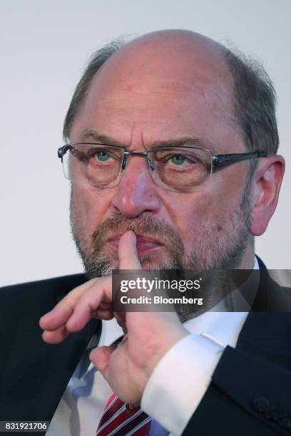 Martin Schulz, Social Democrat Party candidate for German Chancellor, listens during a panel discussion after delivering a speech on refugees and...