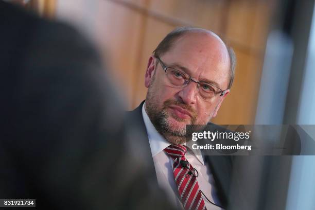 Martin Schulz, Social Democrat Party candidate for German Chancellor, listens during a panel discussion after delivering a speech on refugees and...