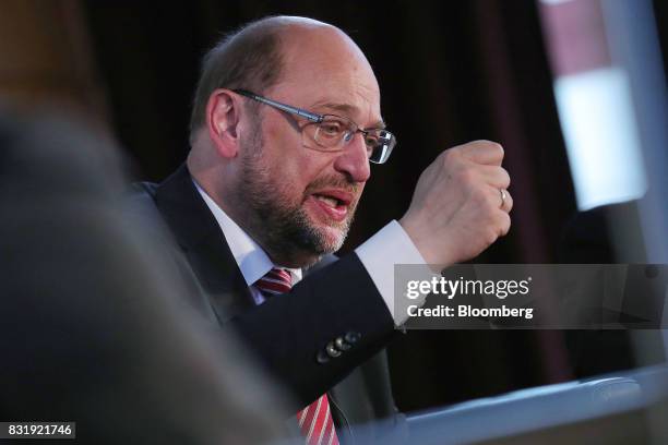 Martin Schulz, Social Democrat Party candidate for German Chancellor, speaks during a panel discussion after delivering a speech on refugees and...