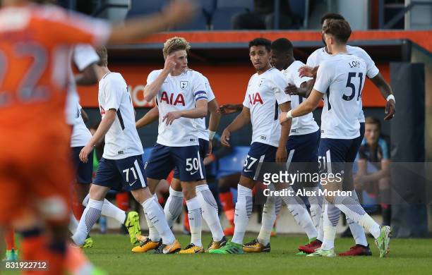 Joe Pritchard of Tottenham celebrates after scoring their first goal during the Checkatrade Trophy - Southern Section Group F match between Luton...