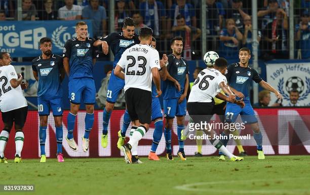Trent Alexander-Arnold of Liverpool Scores The opener during the UEFA Champions League Qualifying Play-Offs Round First Leg match between 1899...