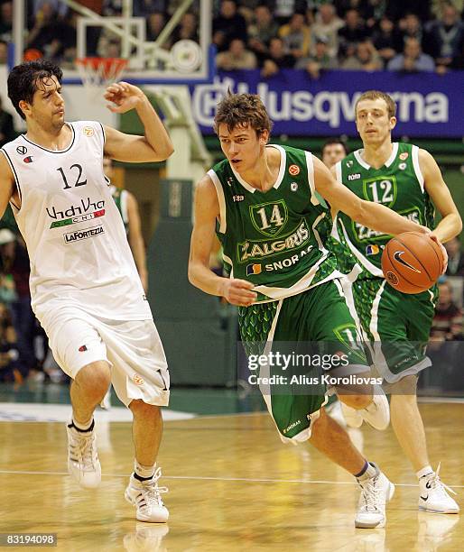 Virtus Vidivic Guilherme Giovannoni of Zalgiris Donatas Motiejunas in action during the Euroleague Basketball Game 8 between Zalgiris Kaunas v Virtus...