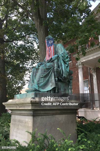 Picture taken on September 11, 2016 showing the statue of Roger Brooke Taney , Chief Justice of the United States Supreme court, face covered with a...