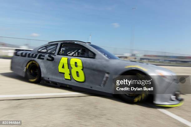 Jimmie Johnson, driver of the Lowe's Chevrolet, returns from the track during testing for the Monster Energy NASCAR Cup Series at Chicagoland...