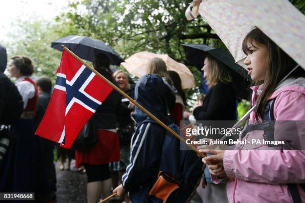 Young Norwegian girl waves the national flag during the national anthem for Norway n St Stephen's Green, Dublin, as activists opposed to the Corrib...