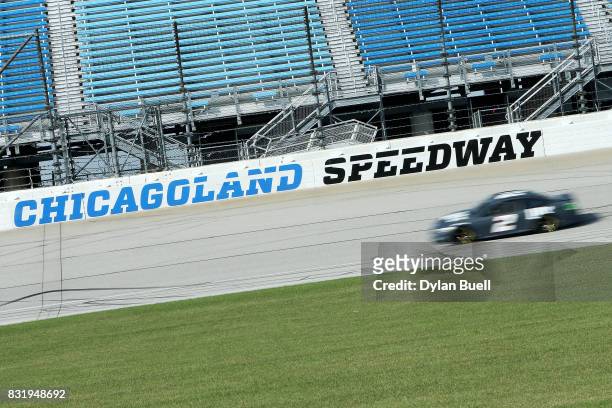 Brad Keslowski, driver of the Miller Lite Ford, drives during testing for the Monster Energy NASCAR Cup Series at Chicagoland Speedway on August 15,...
