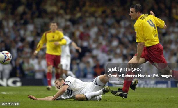 Leeds United's Rob Hulse is fouled by Watford's Malky Mackay during the Championship play-off final at Millennium Stadium, Cardiff.