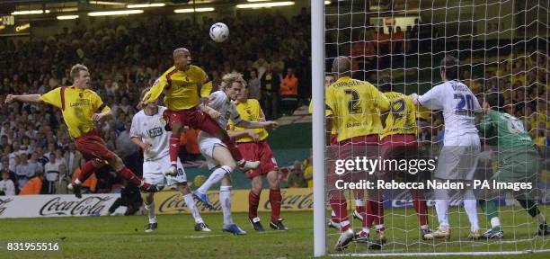 Leeds United attack the Watford goal during the Championship play-off final at Millennium Stadium, Cardiff.