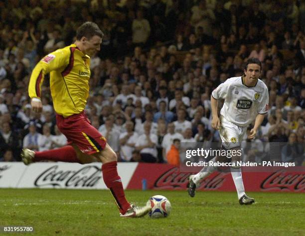 Watford's Darius Hendreson scores against Leeds United from the penalty spot during the Championship play-off final at Millennium Stadium, Cardiff.