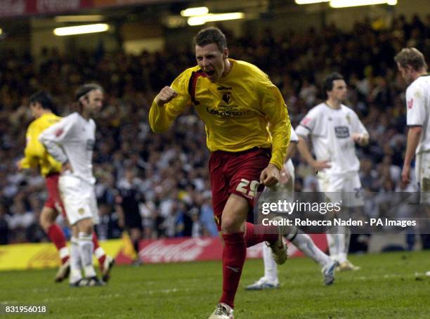 Watford's Darius Henderson celebrates scoring from a penalty against Leeds United during the Championship play-off final at Millennium Stadium,...