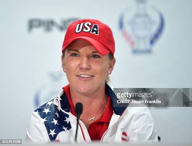 Austin Ernst of Team USA talks to the media during a press conference for The Solheim Cup at the Des Moines Country Club on August 15, 2017 in West...