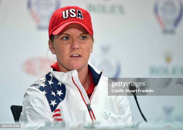 Austin Ernst of Team USA talks to the media during a press conference for The Solheim Cup at the Des Moines Country Club on August 15, 2017 in West...