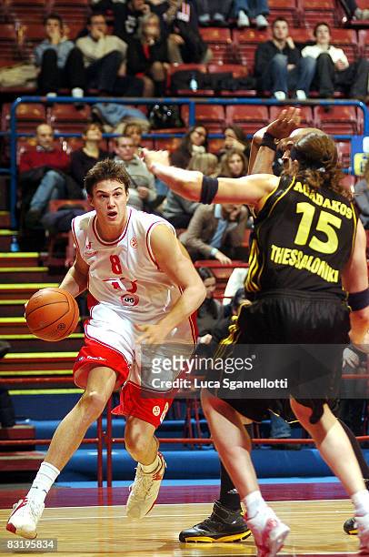 Danilo Gallinari of Armani Jeans Milano vs Lazaros Agadakos of Aris TT Bank in action during the Euroleague Basketball Game 12 between Armani Jeans...