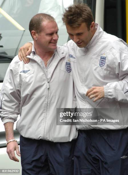 Paul Gascoigne and Jonathan Wilkes arrive with the England Soccer Aid team for a reception at No. 10 Downing Street, London.