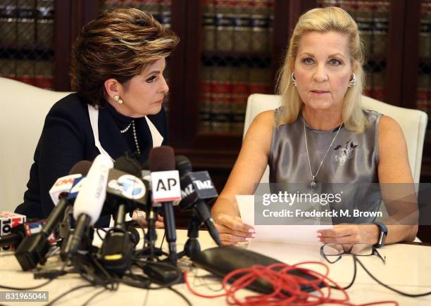 Attorney Gloria Allred and her client Robin speak during press conference on August 15, 2017 in Los Angeles, California.