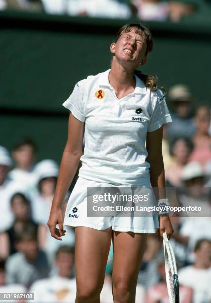Natasha Zvereva of Belarus reacts during a women's singles match at the Wimbledon Lawn Tennis Championships in London, circa July 1993. Zvereva was...