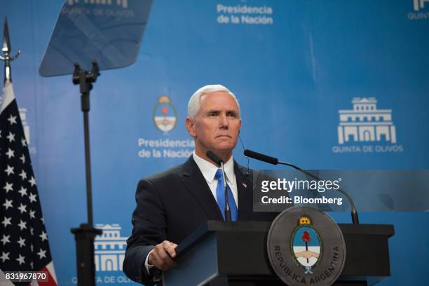 Vice President Mike Pence listens during a joint press conference with Mauricio Macri, Argentina's president, not pictured, in Buenos Aires,...