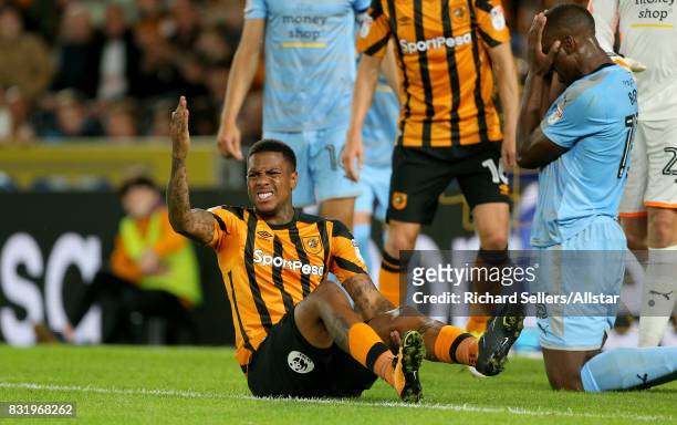 Abel Hernandez of Hull City injury during the Sky Bet Championship match between Hull City and Wolverhampton Wanderers at KCOM Stadium on August 15,...