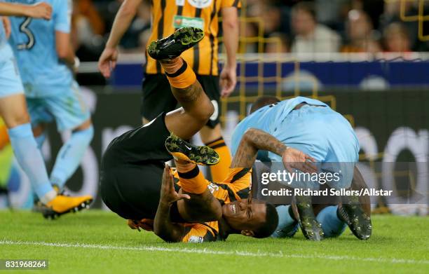 Abel Hernandez of Hull City writhes in agony during the Sky Bet Championship match between Hull City and Wolverhampton Wanderers at KCOM Stadium on...