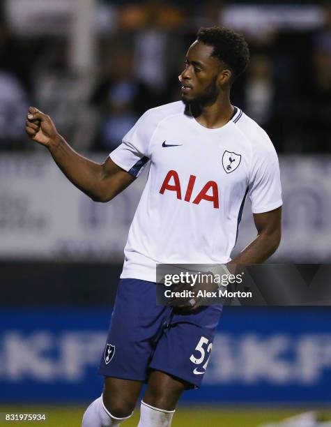Christian Maghoma of Tottenham celebrate after scoring in the penalty shootout during the Checkatrade Trophy - Southern Section Group F match between...