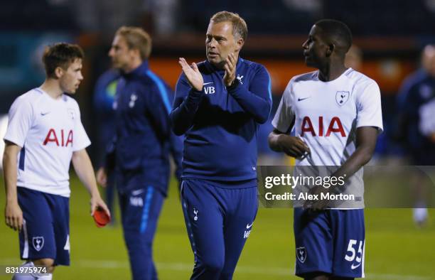 Tottenham Under 21 manager Wayne Burnett at the final whistle after the Checkatrade Trophy - Southern Section Group F match between Luton Town and...