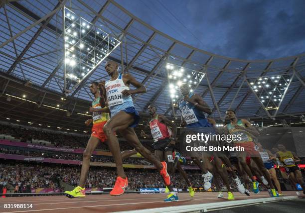 16th IAAF World Championships: Great Britain Mo Farah, USA Paul Chelimo, Kenya Cyrus Rutto and Ethiopia Muktar Edris in action during Men's 5000M...