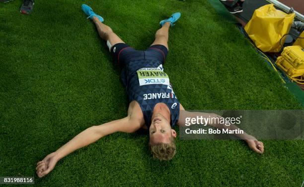 16th IAAF World Championships: Aerial view of France Kevin Mayer down on his back after Men's Decathlon at Olympic Stadium. London, England 8/12/2017...