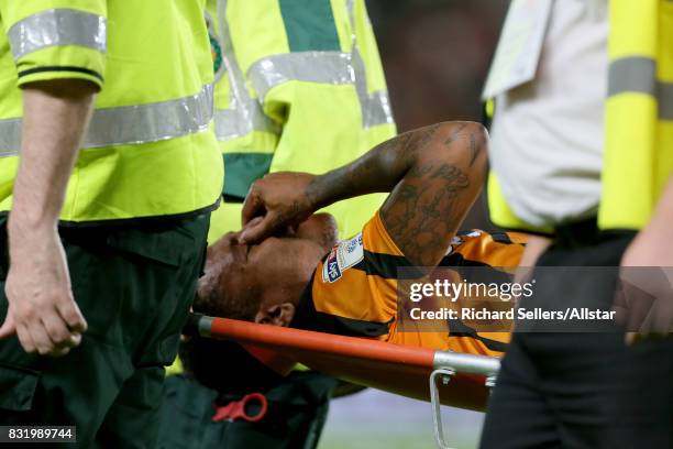 Abel Hernandez of Hull City is stretched off during the Sky Bet Championship match between Hull City and Wolverhampton Wanderers at KCOM Stadium on...