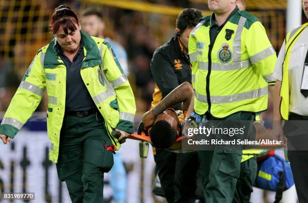 Abel Hernandez of Hull City is stretched off during the Sky Bet Championship match between Hull City and Wolverhampton Wanderers at KCOM Stadium on...