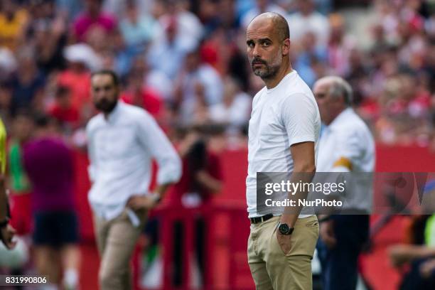 Pep Guardiola from Spain trainer of Manchester City during the Costa Brava Trophy match between Girona FC and Manchester City at Estadi de Montilivi...