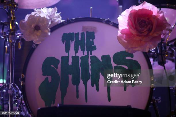 The Shins' bass drum head is seen during a concert at Huxleys Neue Welt on August 15, 2017 in Berlin, Germany.