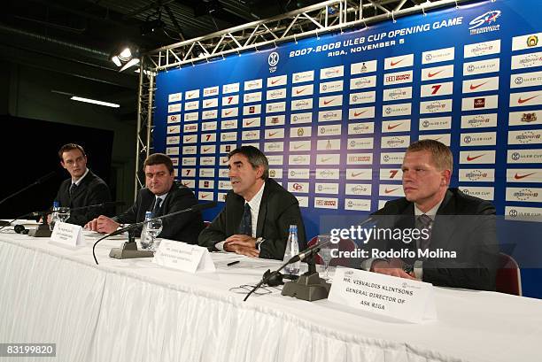 Valentin Zlatev , Jordi Bertomeu and Janis Birks during the ULEB Cup Opening Game Press Conference at the Riga Arena on November 05, 2007 in Riga,...