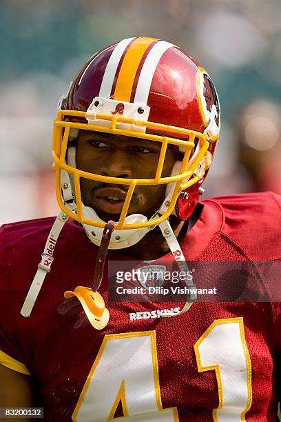 Kareem Moore of the Washington Redskins warms up prior to playing against the Philadelphia Eagles at Lincoln Financial Field on October 5, 2008 in...