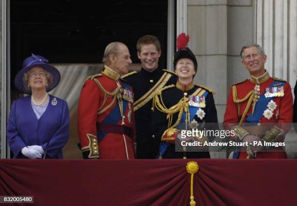 Members of the Royal Family watch a flypast from a Buckingham Palace balcony during the Trooping the Colour ceremony : Queen Elizabeth II, the Duke...