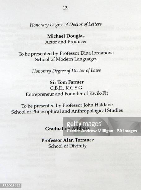 Page of the St Andrews University programme detailing the awarding of an honorary degree to Hollywood star Michael Douglas.