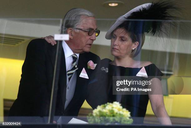 The Countess of Wessex has a chat with her father, Christopher Rhys-Jones, in the Royal Box, on the second day of Royal Ascot, on Wednesday 21st June...